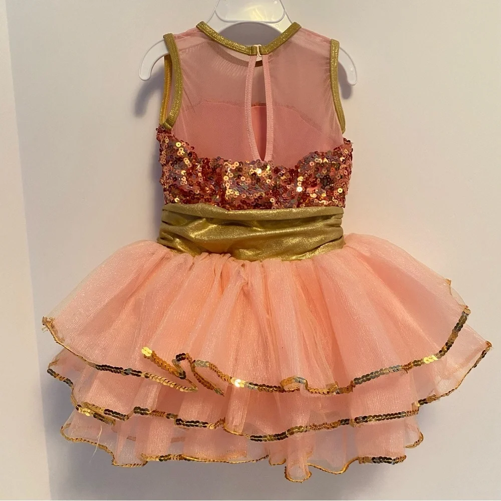 Revolution This Magic Moment Sequin Tulle Coral Gold Dance Costume Size SC